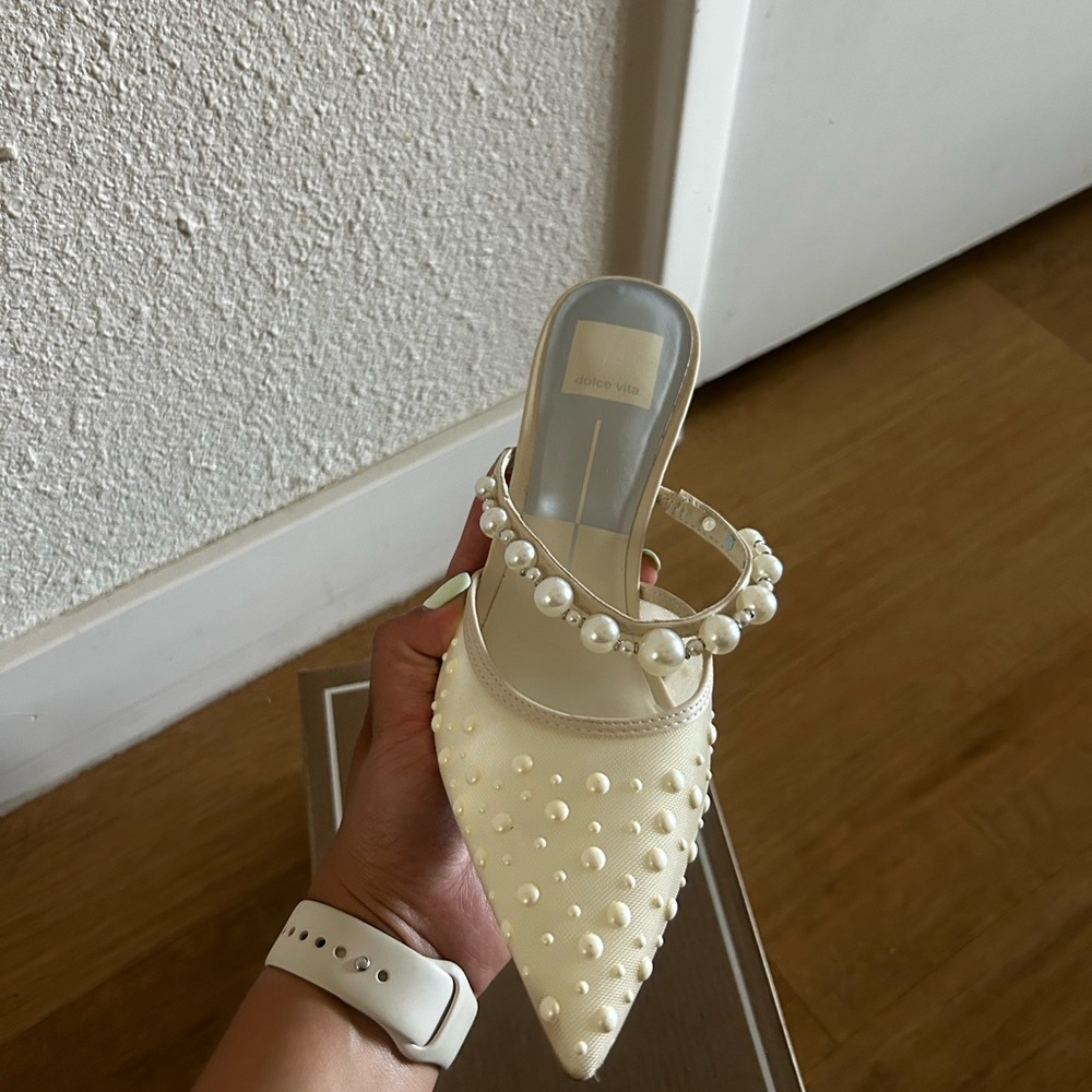 Dolce Vita Cream Stiletto Heels with Studded T-Strap - Picture 4 of 6